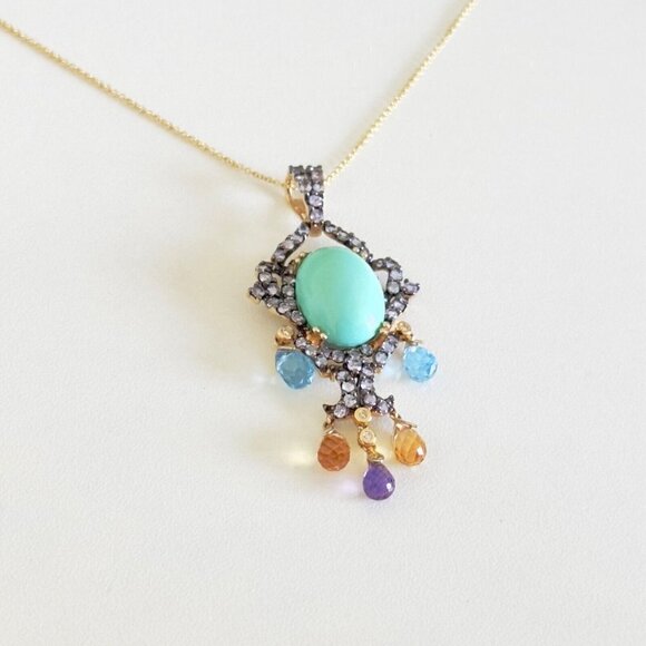 14k Yellow Gold Turquoise Multi Gemstone Chandelier Pendant Chain Necklace 18" - Picture 8 of 16